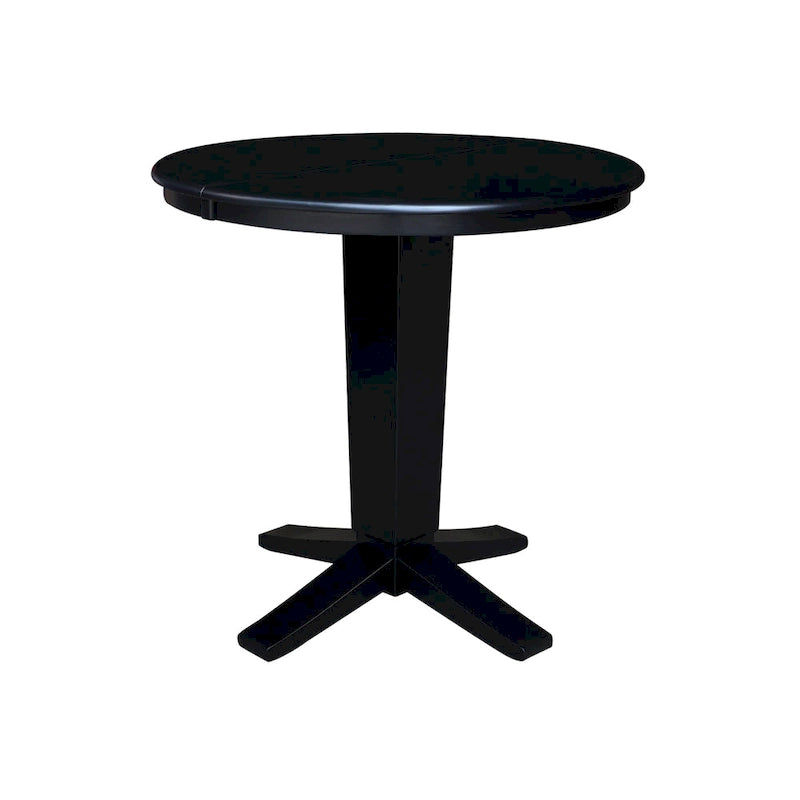 Table de salle à manger haute avec pied central et plateau rond de 91 cm (36 po), rallonge de 30 cm (12 po).