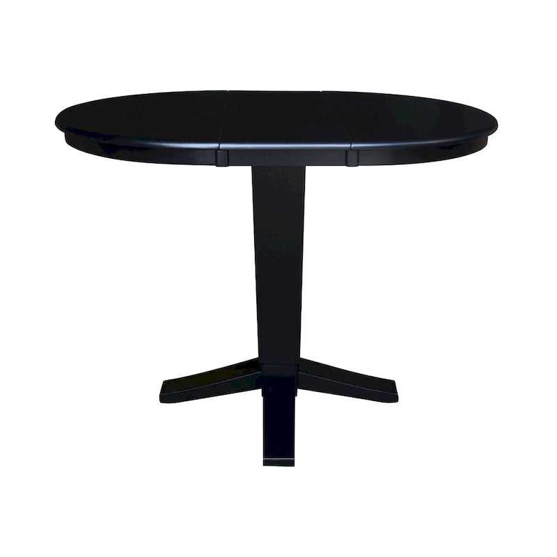Table de salle à manger haute avec pied central et plateau rond de 91 cm (36 po), rallonge de 30 cm (12 po).