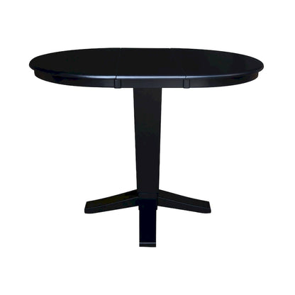 Table de salle à manger haute avec pied central et plateau rond de 91 cm (36 po), rallonge de 30 cm (12 po).