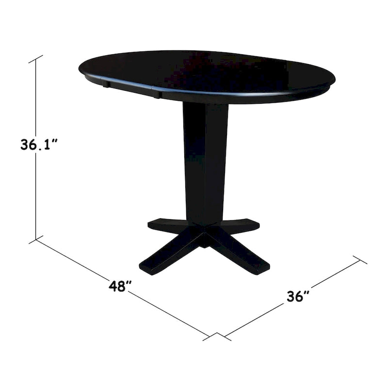 Table de salle à manger haute avec pied central et plateau rond de 91 cm (36 po), rallonge de 30 cm (12 po).