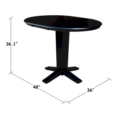 Table de salle à manger haute avec pied central et plateau rond de 91 cm (36 po), rallonge de 30 cm (12 po).