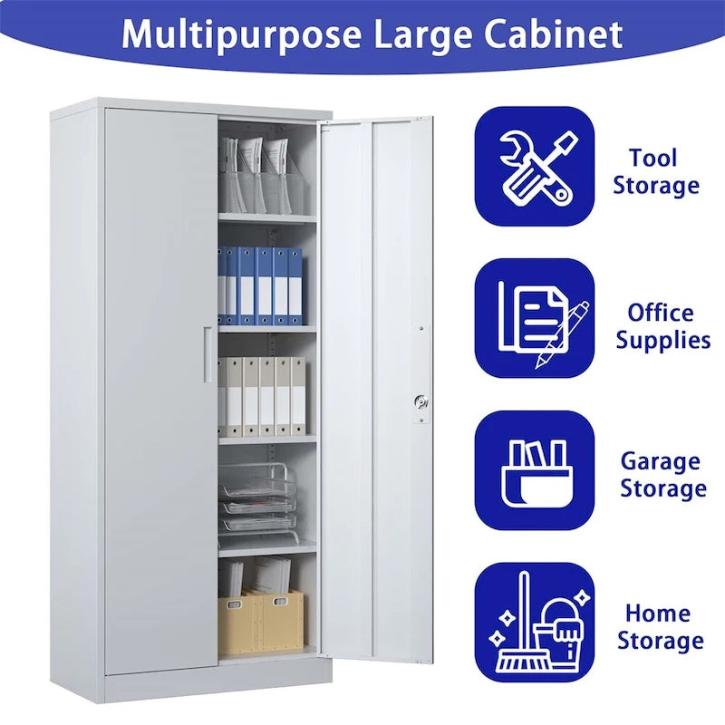 Armoire de rangement métallique pour garage, en acier à outils, avec portes et 4 étagères