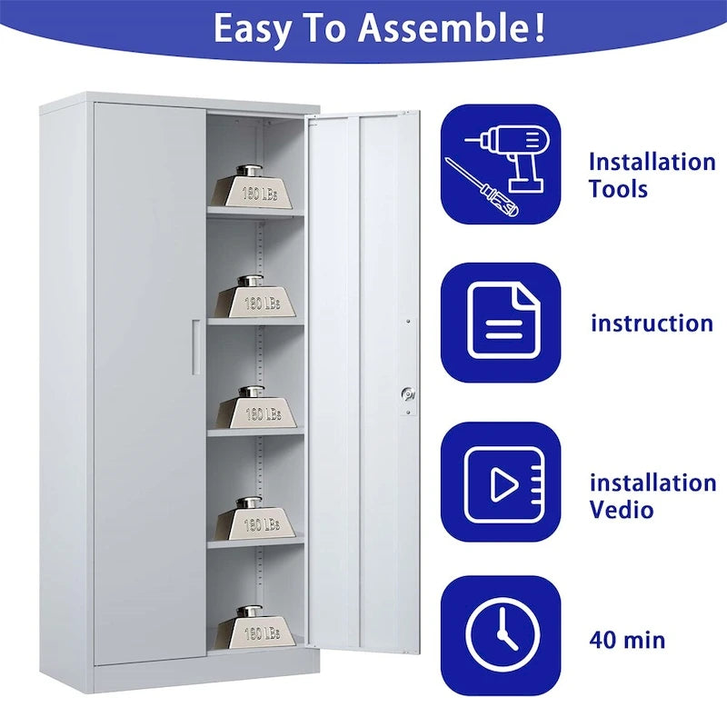 Armoire de rangement métallique pour garage, en acier à outils, avec portes et 4 étagères