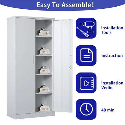 Armoire de rangement métallique pour garage, en acier à outils, avec portes et 4 étagères