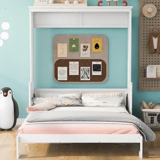 Lit escamotable Queen Size en bois massif avec étagère