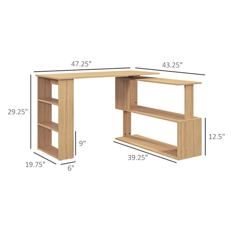 Bureau d'angle en forme de L, bureau de bureau à domicile pivotant à 360 degrés avec étagères