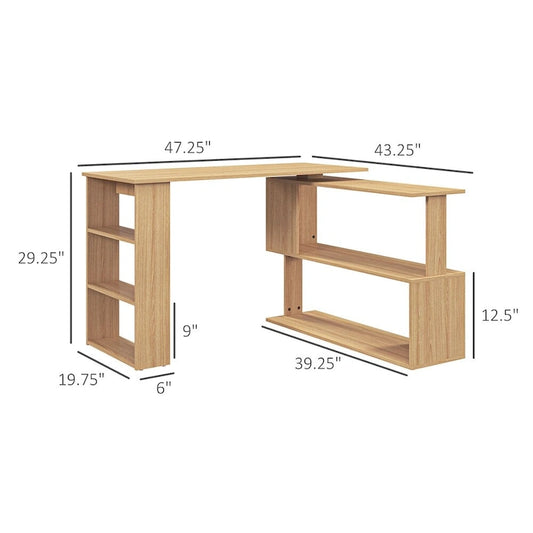 Bureau d'angle en forme de L, bureau de bureau à domicile pivotant à 360 degrés avec étagères