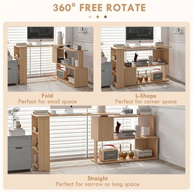 Bureau d'angle en forme de L, bureau de bureau à domicile pivotant à 360 degrés avec étagères