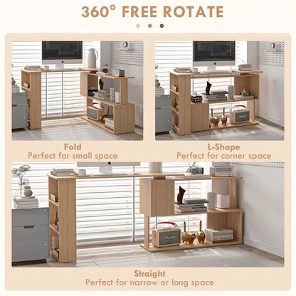 Bureau d'angle en forme de L, bureau de bureau à domicile pivotant à 360 degrés avec étagères