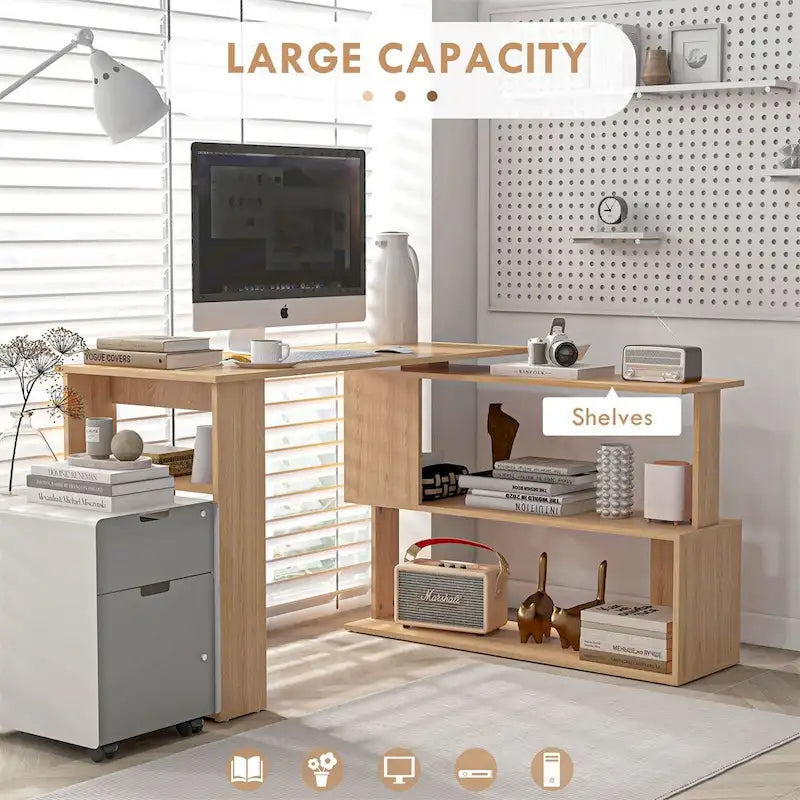 Bureau d'angle en forme de L, bureau de bureau à domicile pivotant à 360 degrés avec étagères