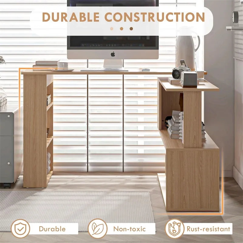 Bureau d'angle en forme de L, bureau de bureau à domicile pivotant à 360 degrés avec étagères