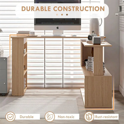 Bureau d'angle en forme de L, bureau de bureau à domicile pivotant à 360 degrés avec étagères