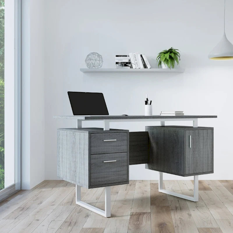 Bureau d'ordinateur gris moderne et élégant de luxe avec rangement
