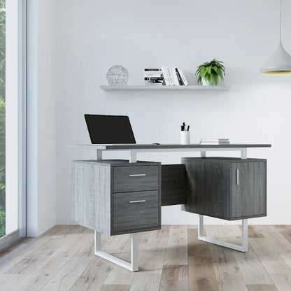 Bureau d'ordinateur gris moderne et élégant de luxe avec rangement