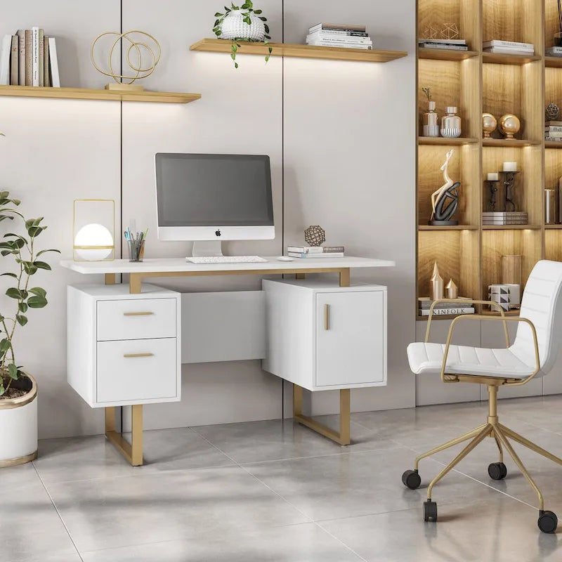 Bureau d'ordinateur gris moderne et élégant de luxe avec rangement