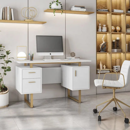 Bureau d'ordinateur gris moderne et élégant de luxe avec rangement