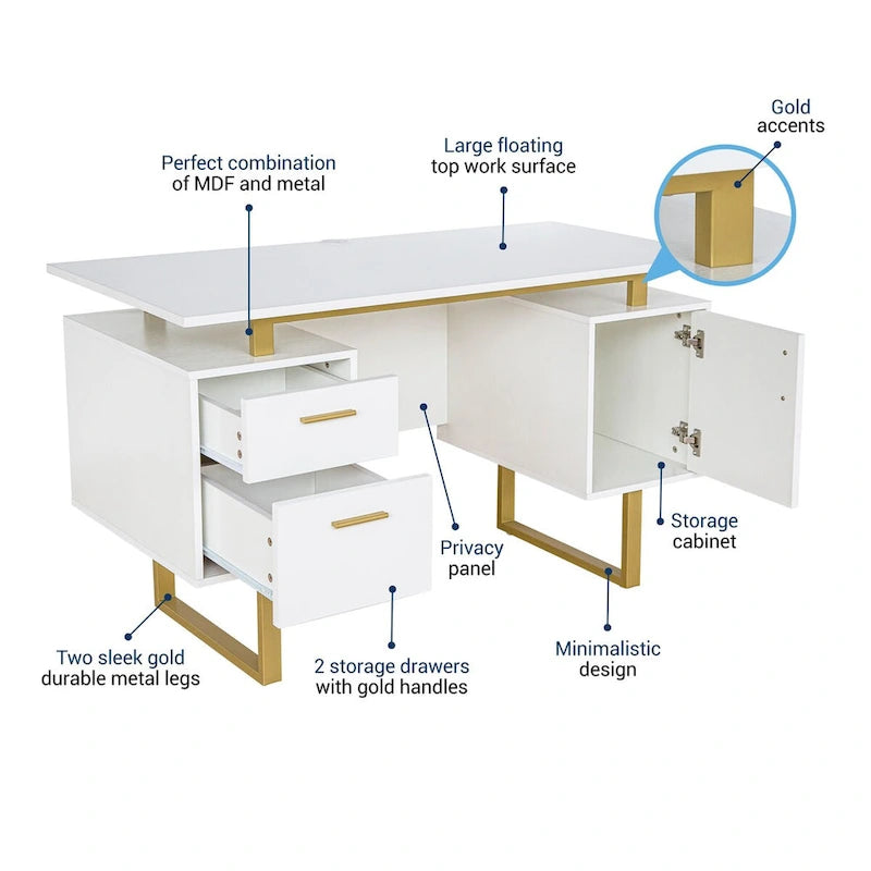 Bureau d'ordinateur gris moderne et élégant de luxe avec rangement