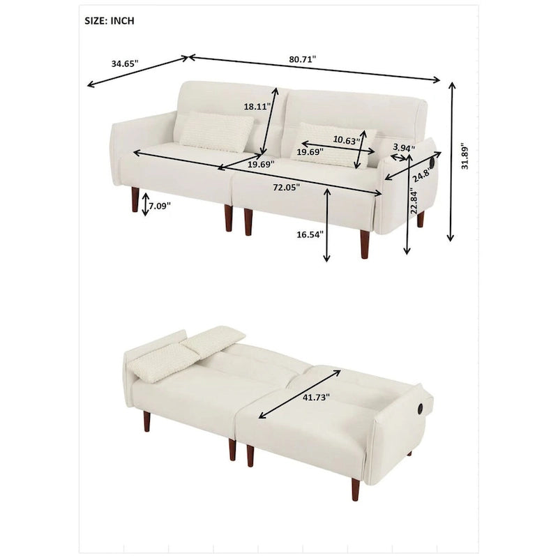 Canapé-lit futon convertible, canapé-lit réglable, canapé-lit confortable en tissu velours côtelé avec pieds en bois et 2 oreillers