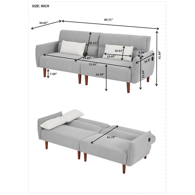Canapé-lit futon convertible, canapé-lit réglable, canapé-lit confortable en tissu velours côtelé avec pieds en bois et 2 oreillers