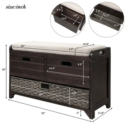 Banc de rangement avec panier amovible et 2 tiroirs