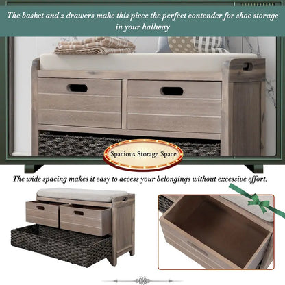 Banc de rangement avec panier amovible et 2 tiroirs