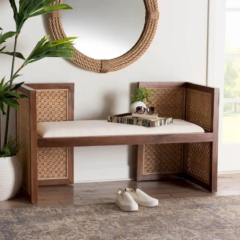 Banc d'appoint Lovina Bohemian en rotin miel clair et bois d'acacia