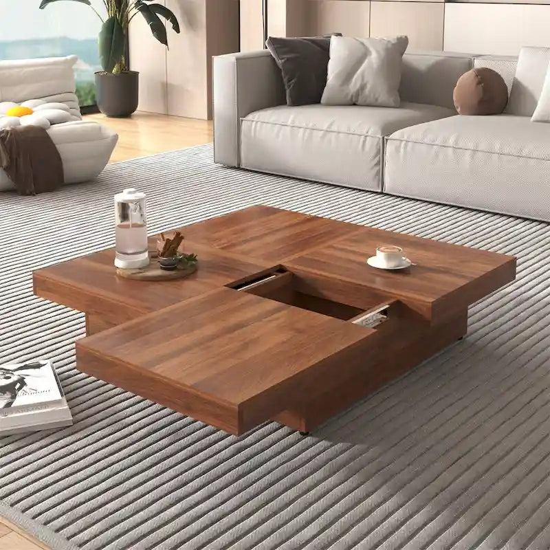 Table basse carrée en placage de marbre avec plateau coulissant et rangement intégré, par Harper&amp;Bright Designs