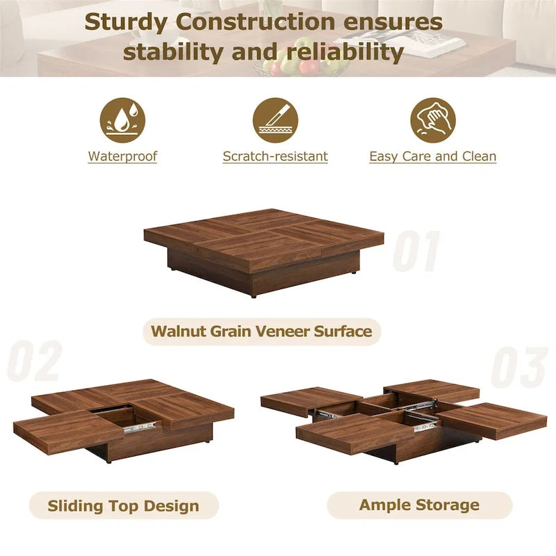 Table basse carrée en placage de marbre avec plateau coulissant et rangement intégré, par Harper&amp;Bright Designs