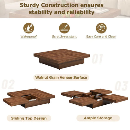 Table basse carrée en placage de marbre avec plateau coulissant et rangement intégré, par Harper&amp;Bright Designs