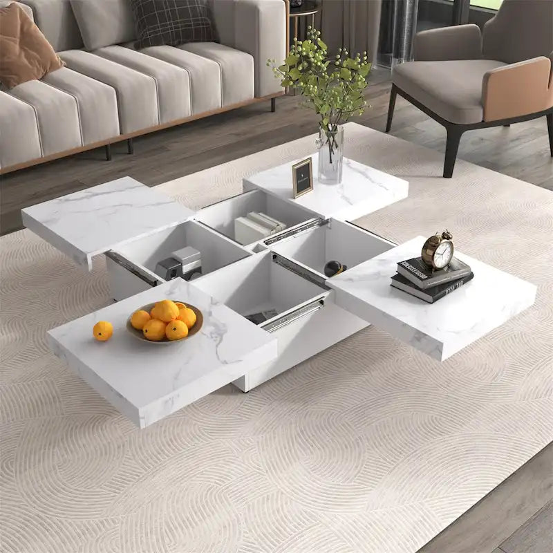 Table basse carrée en placage de marbre avec plateau coulissant et rangement intégré, par Harper&amp;Bright Designs