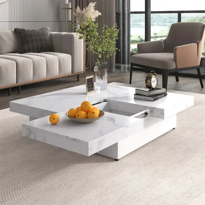 Table basse carrée en placage de marbre avec plateau coulissant et rangement intégré, par Harper&amp;Bright Designs