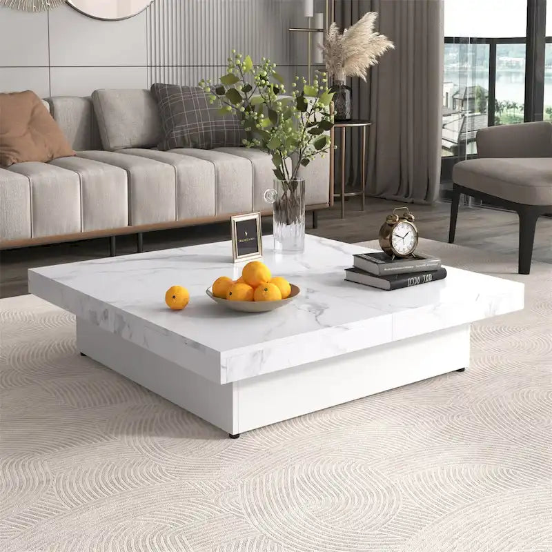 Table basse carrée en placage de marbre avec plateau coulissant et rangement intégré, par Harper&amp;Bright Designs
