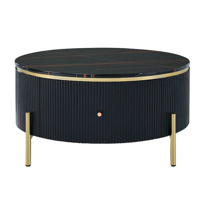 Table basse ronde moderne avec 2 grands tiroirs de rangement et plateau à motif marbre