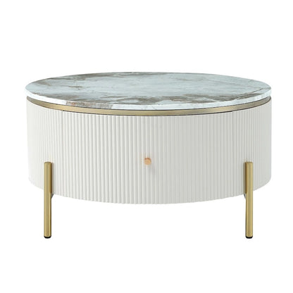 Table basse ronde moderne avec 2 grands tiroirs de rangement et plateau à motif marbre