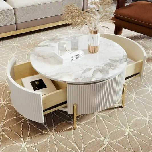Table basse ronde moderne avec 2 grands tiroirs de rangement et plateau à motif marbre