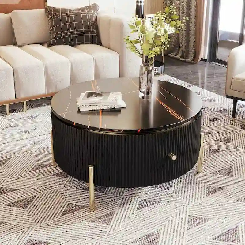 Table basse ronde moderne avec 2 grands tiroirs de rangement et plateau à motif marbre