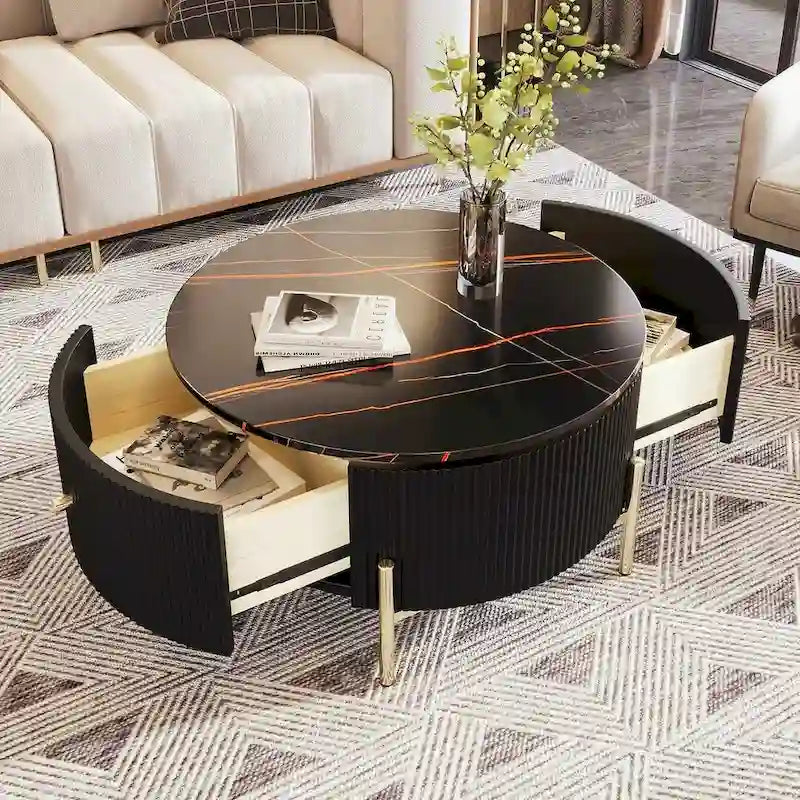 Table basse ronde moderne avec 2 grands tiroirs de rangement et plateau à motif marbre