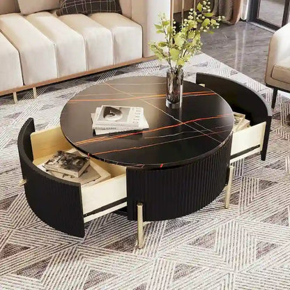 Table basse ronde moderne avec 2 grands tiroirs de rangement et plateau à motif marbre
