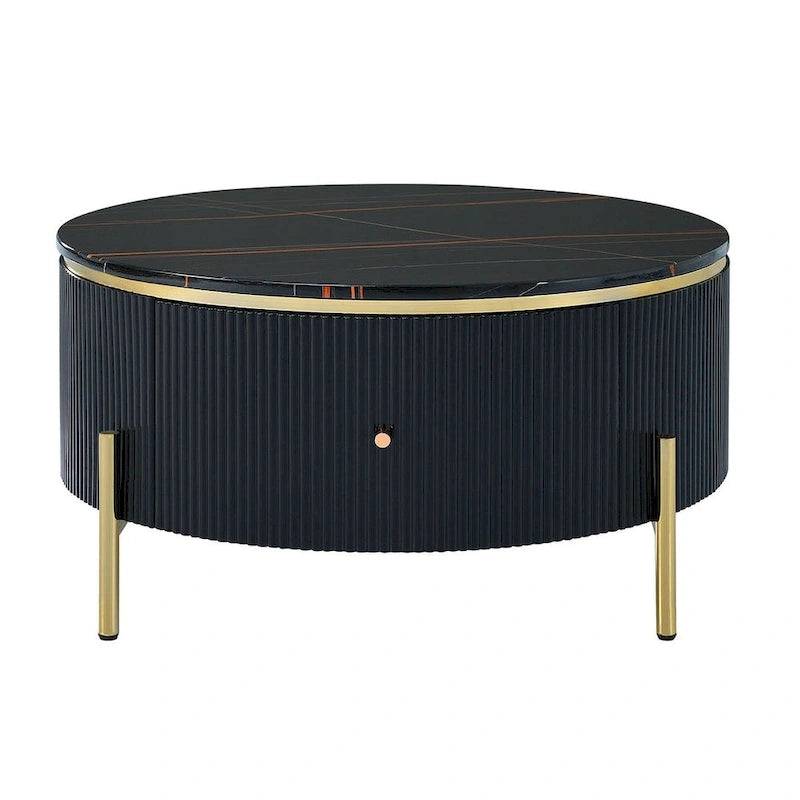 Table basse ronde moderne avec 2 grands tiroirs de rangement et plateau à motif marbre