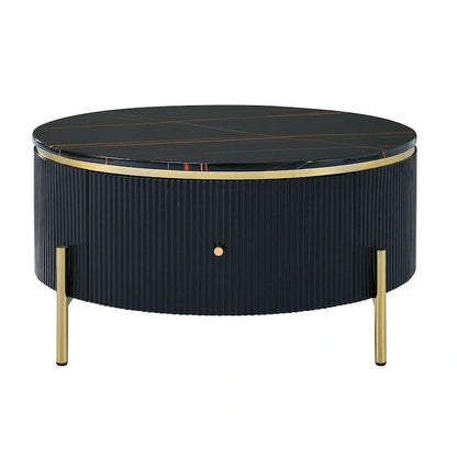 Table basse ronde moderne avec 2 grands tiroirs de rangement et plateau à motif marbre