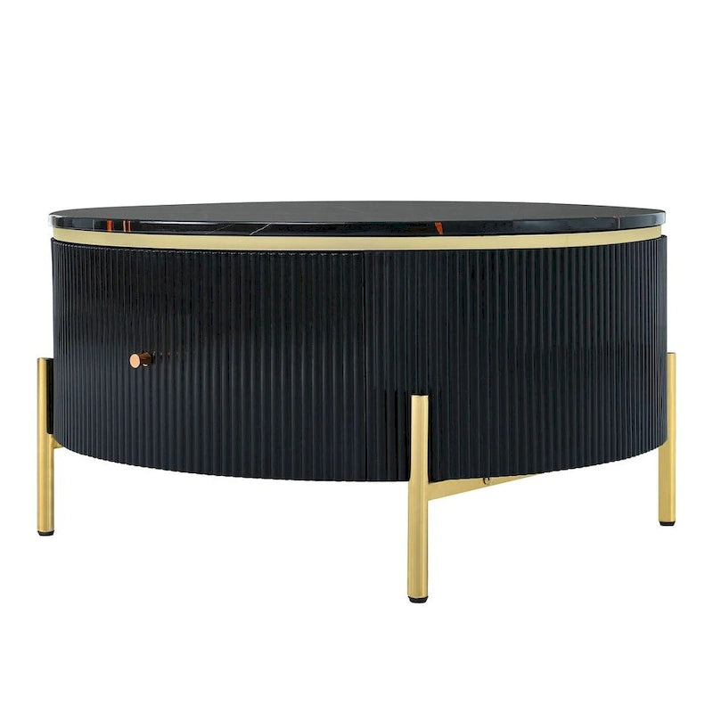 Table basse ronde moderne avec 2 grands tiroirs de rangement et plateau à motif marbre