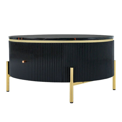 Table basse ronde moderne avec 2 grands tiroirs de rangement et plateau à motif marbre