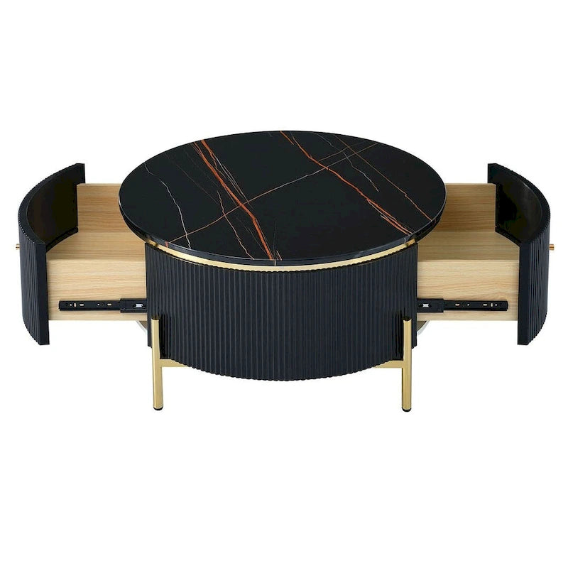 Table basse ronde moderne avec 2 grands tiroirs de rangement et plateau à motif marbre
