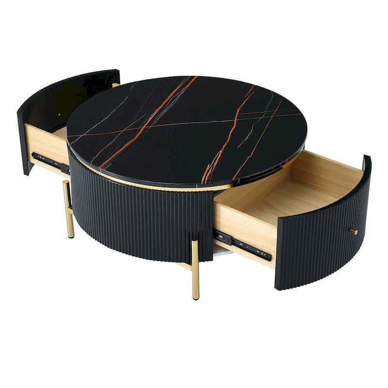 Table basse ronde moderne avec 2 grands tiroirs de rangement et plateau à motif marbre