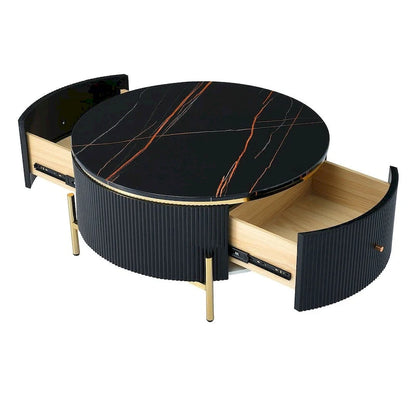 Table basse ronde moderne avec 2 grands tiroirs de rangement et plateau à motif marbre