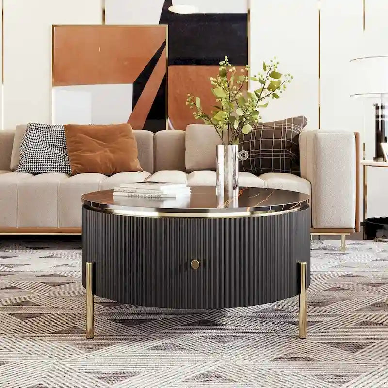 Table basse ronde moderne avec 2 grands tiroirs de rangement et plateau à motif marbre
