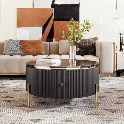 Table basse ronde moderne avec 2 grands tiroirs de rangement et plateau à motif marbre