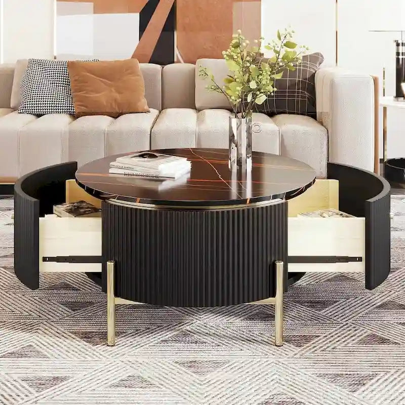 Table basse ronde moderne avec 2 grands tiroirs de rangement et plateau à motif marbre