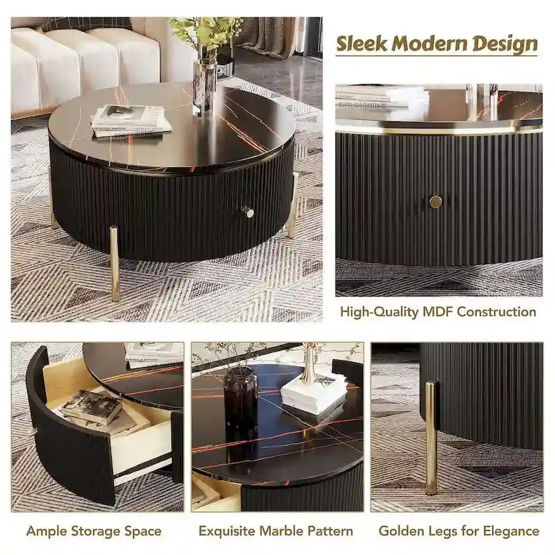 Table basse ronde moderne avec 2 grands tiroirs de rangement et plateau à motif marbre