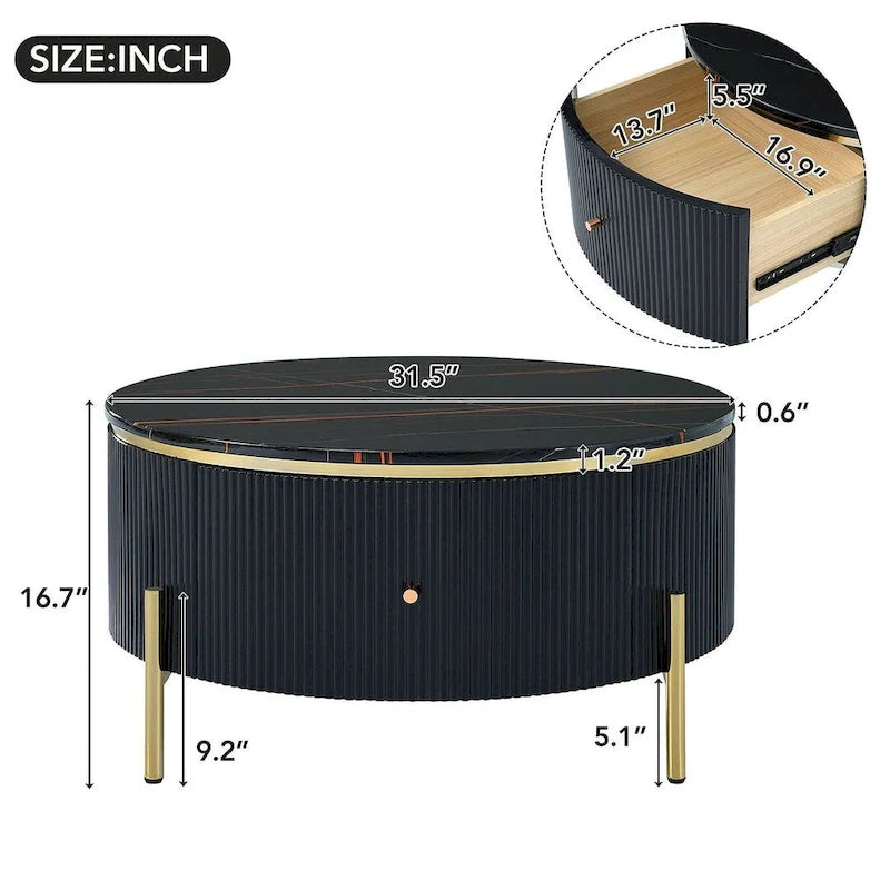 Table basse ronde moderne avec 2 grands tiroirs de rangement et plateau à motif marbre